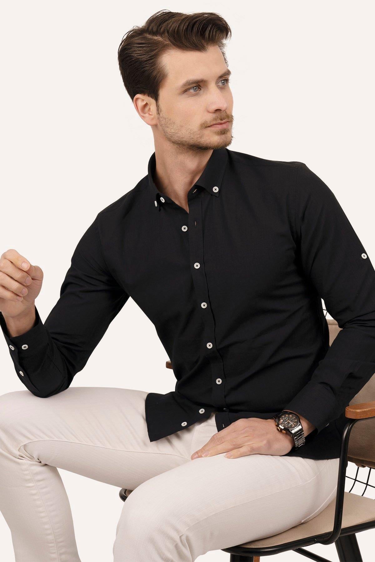 <tc>Chemise slimfit en lin noire à col avec boutons, en boîte cadeau - 6543</tc>