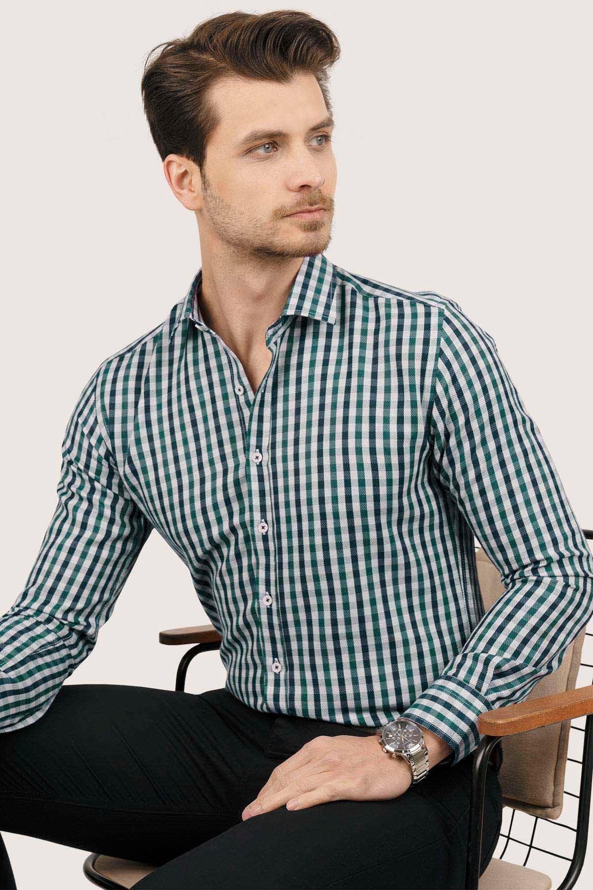 <tc>Chemise slimfit à carreaux verts et bleus pour homme, en boîte cadeau - 6548</tc>