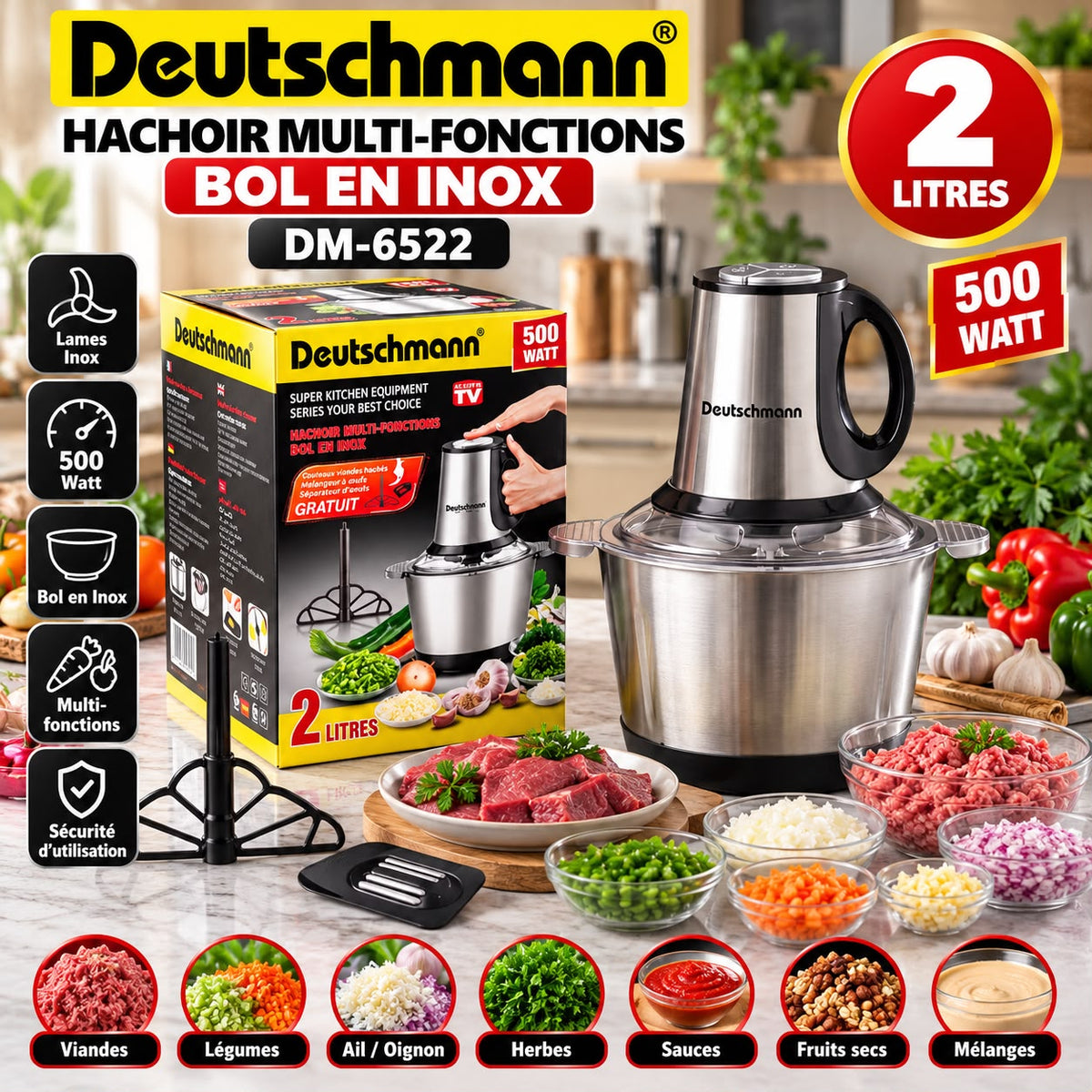 HACHOIR DEUTCHMAN INOX 2L 500W