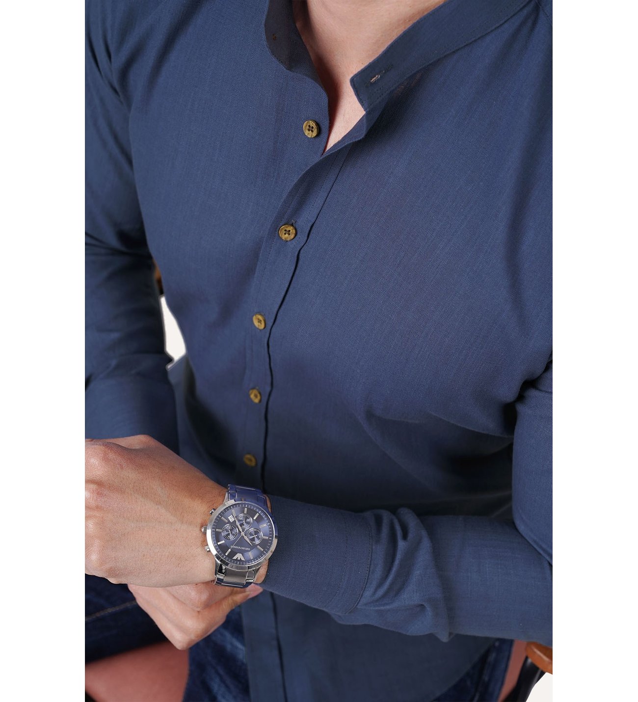 Hakim Yaka İndigo Slimfit Keten Hediye Kutulu Göml - Justyol