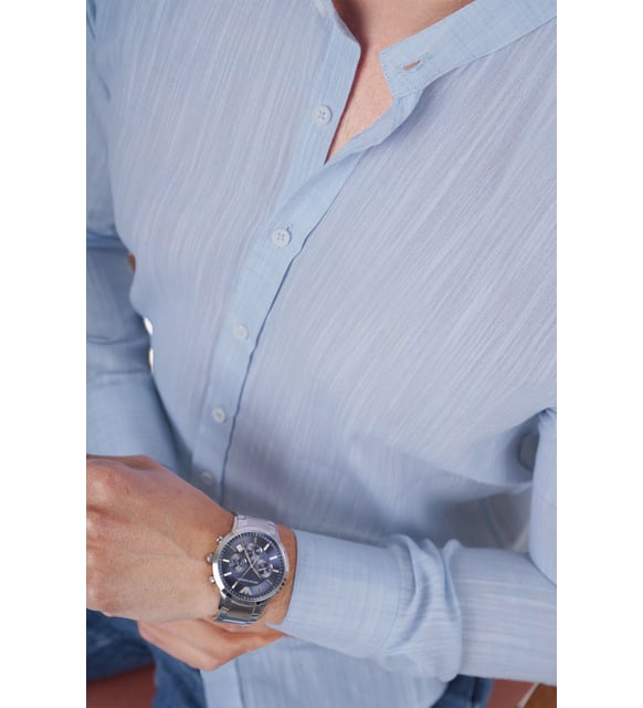 Hakim Yaka Mavi Slimfit Keten Hediye Kutulu Gömlek - Justyol