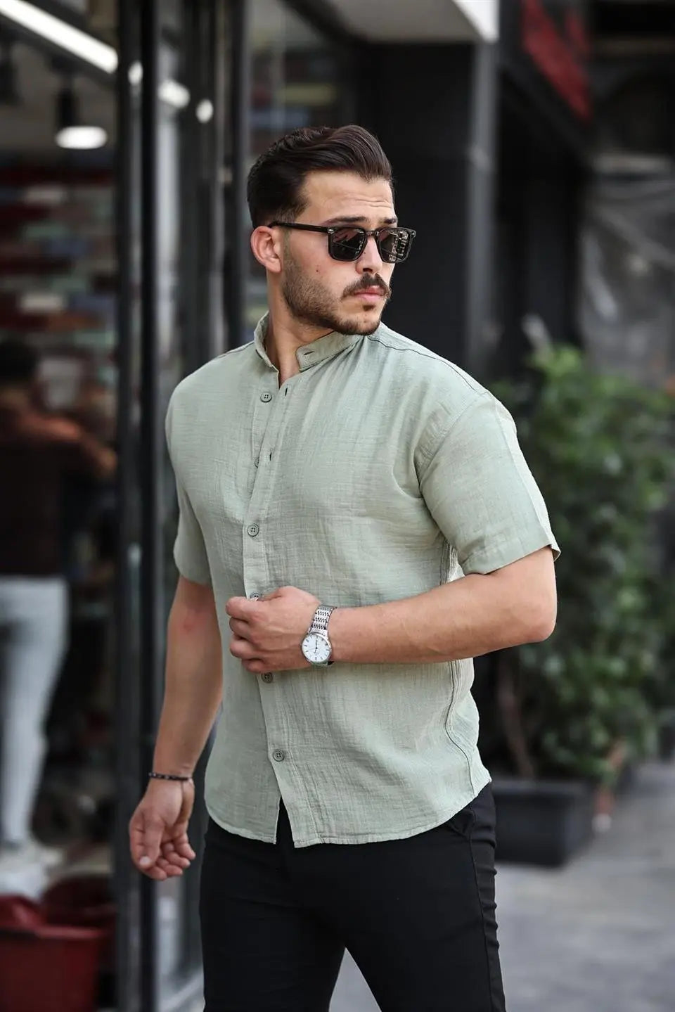 Hakim Yaka Müslin Kumaş Kısa Kol Gömlek - Justyol