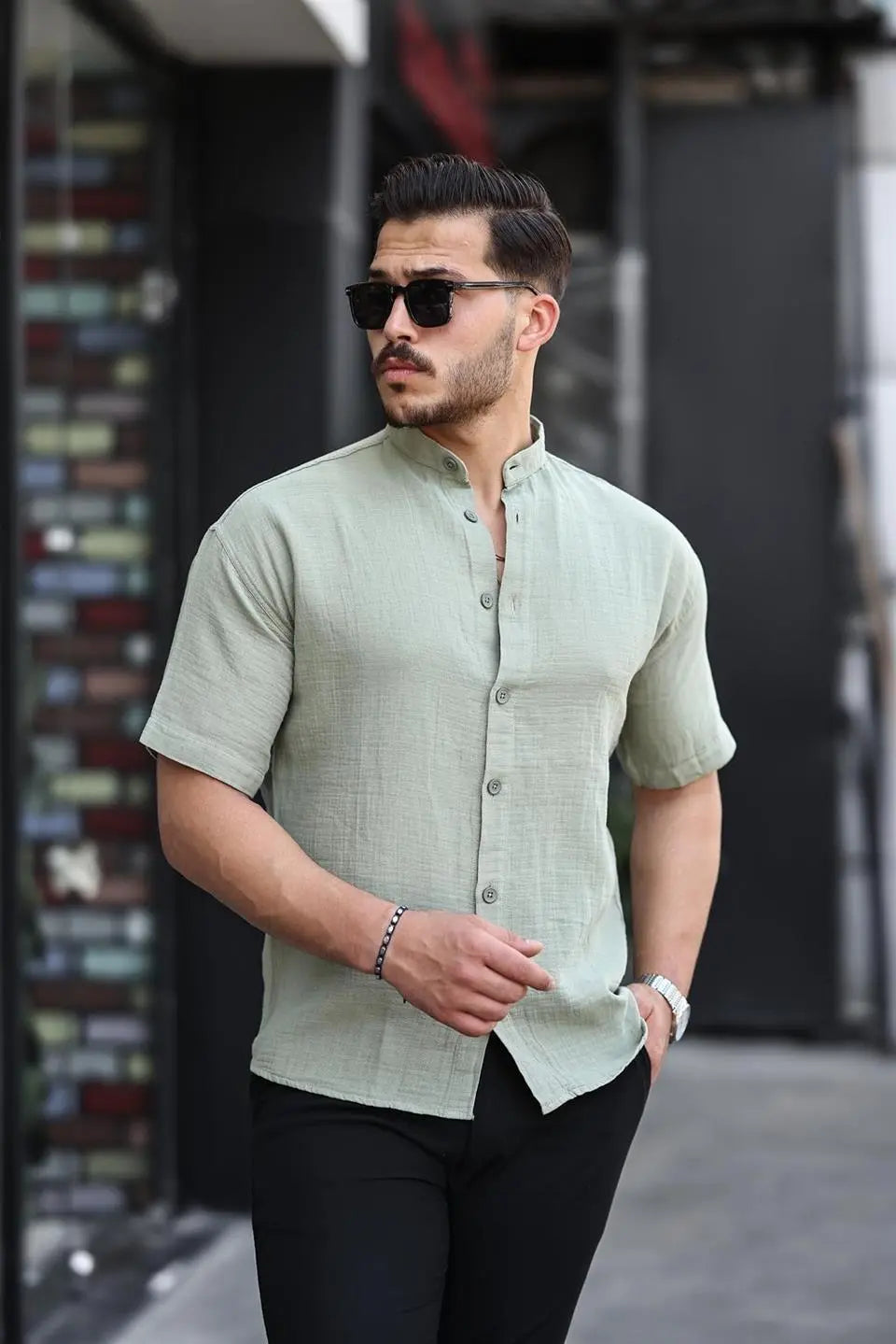 Hakim Yaka Müslin Kumaş Kısa Kol Gömlek - Justyol