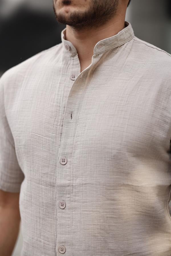 Hakim Yaka Müslin Kumaş Kısa Kol Gömlek - Justyol