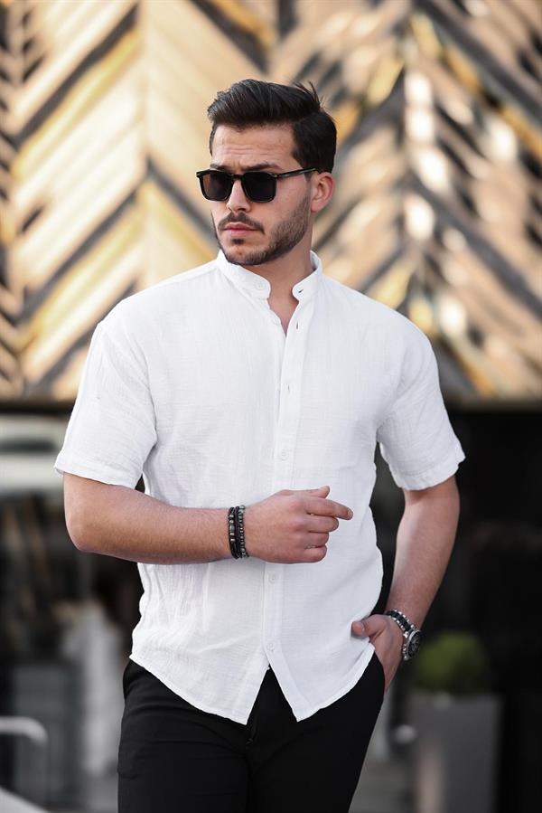 Hakim Yaka Müslin Kumaş Kısa Kol Gömlek - Justyol