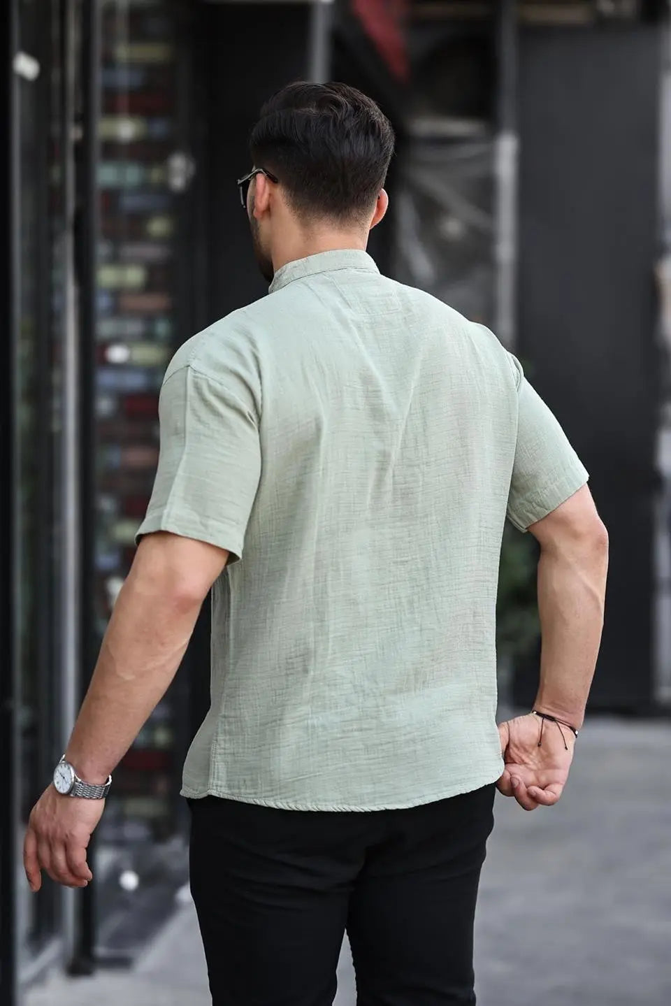 Hakim Yaka Müslin Kumaş Kısa Kol Gömlek - Justyol