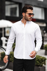 <tc>Chemise à col mandarin en tissu Oxford à manches longues.</tc>