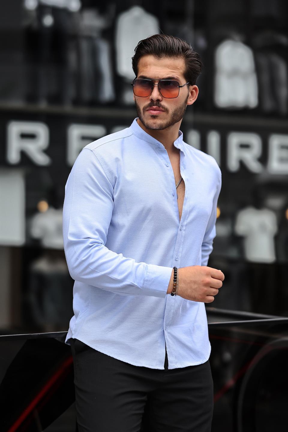 Hakim Yaka Oxford Kumaş Uzun Kol Gömlek - Justyol