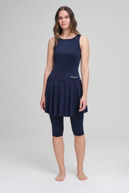 Maillot de Bain Bleu Marine à Jupette et Sans Manches - Haşema
