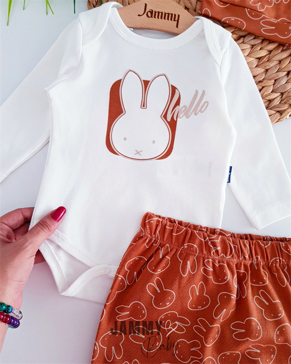 hello bunny hat 3 piece set-brown