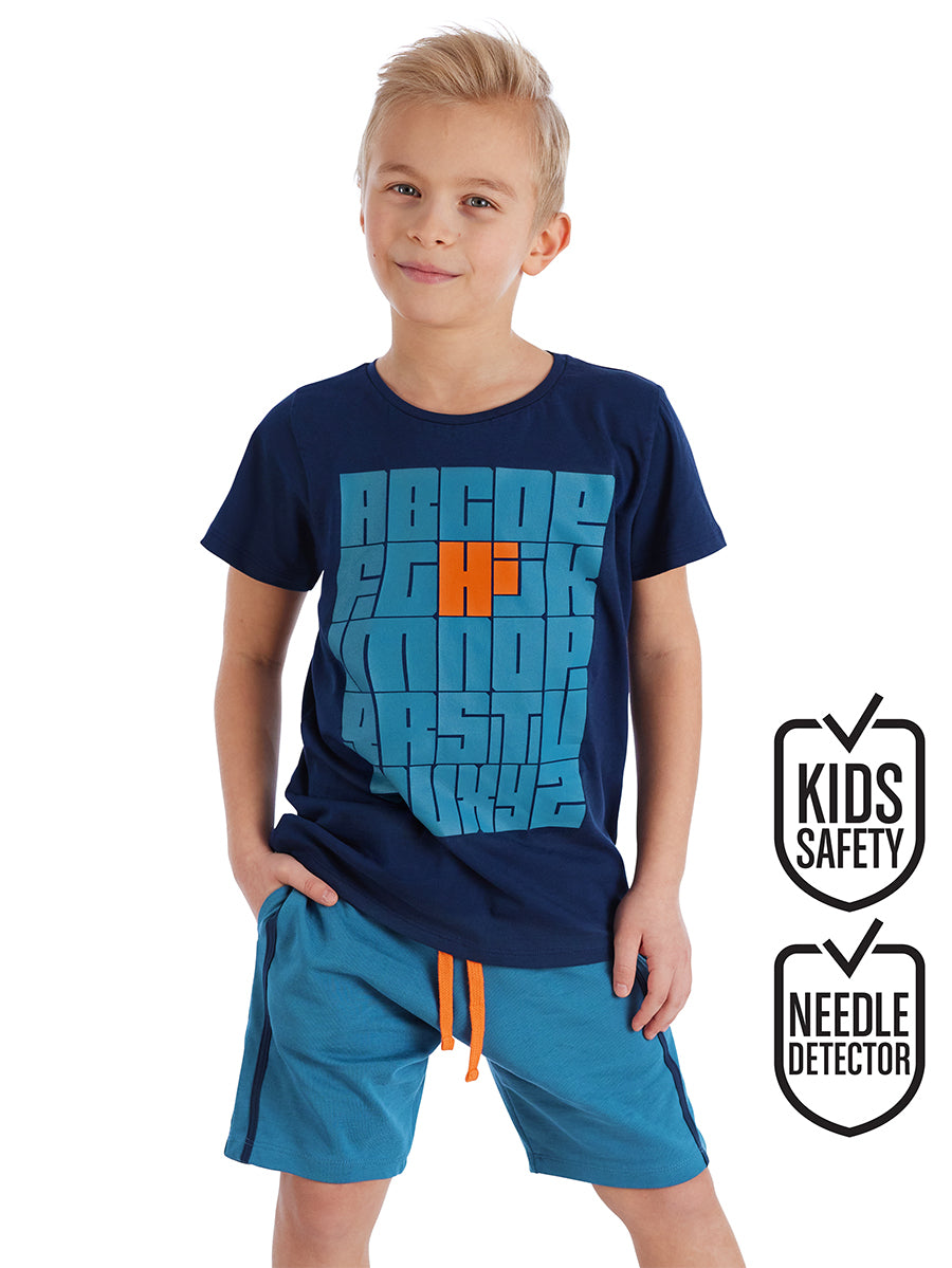 Ensemble Garçon 2 Pièces T-shirt Imprimé & Short en Coton avec Détails Sport