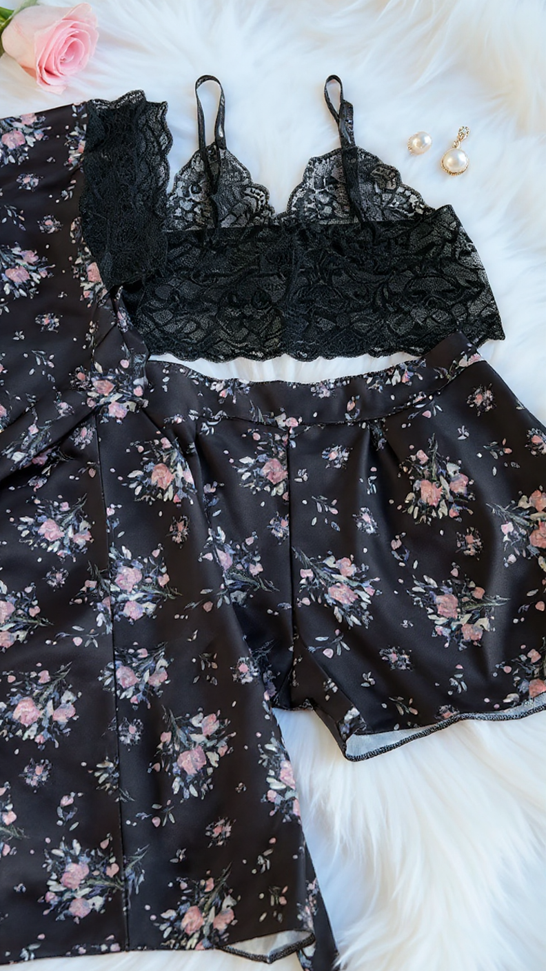 Pajama set 316 -Floral Satin & Lace 3-Piece Nightwear Set – Robe, Bralette & short Erotica