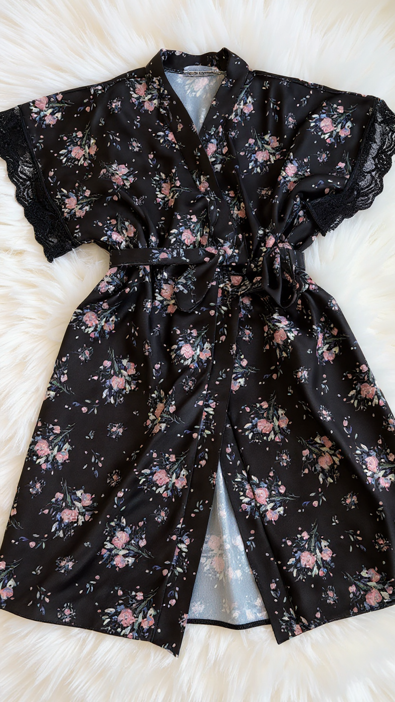 Pajama set 316 -Floral Satin & Lace 3-Piece Nightwear Set – Robe, Bralette & short Erotica