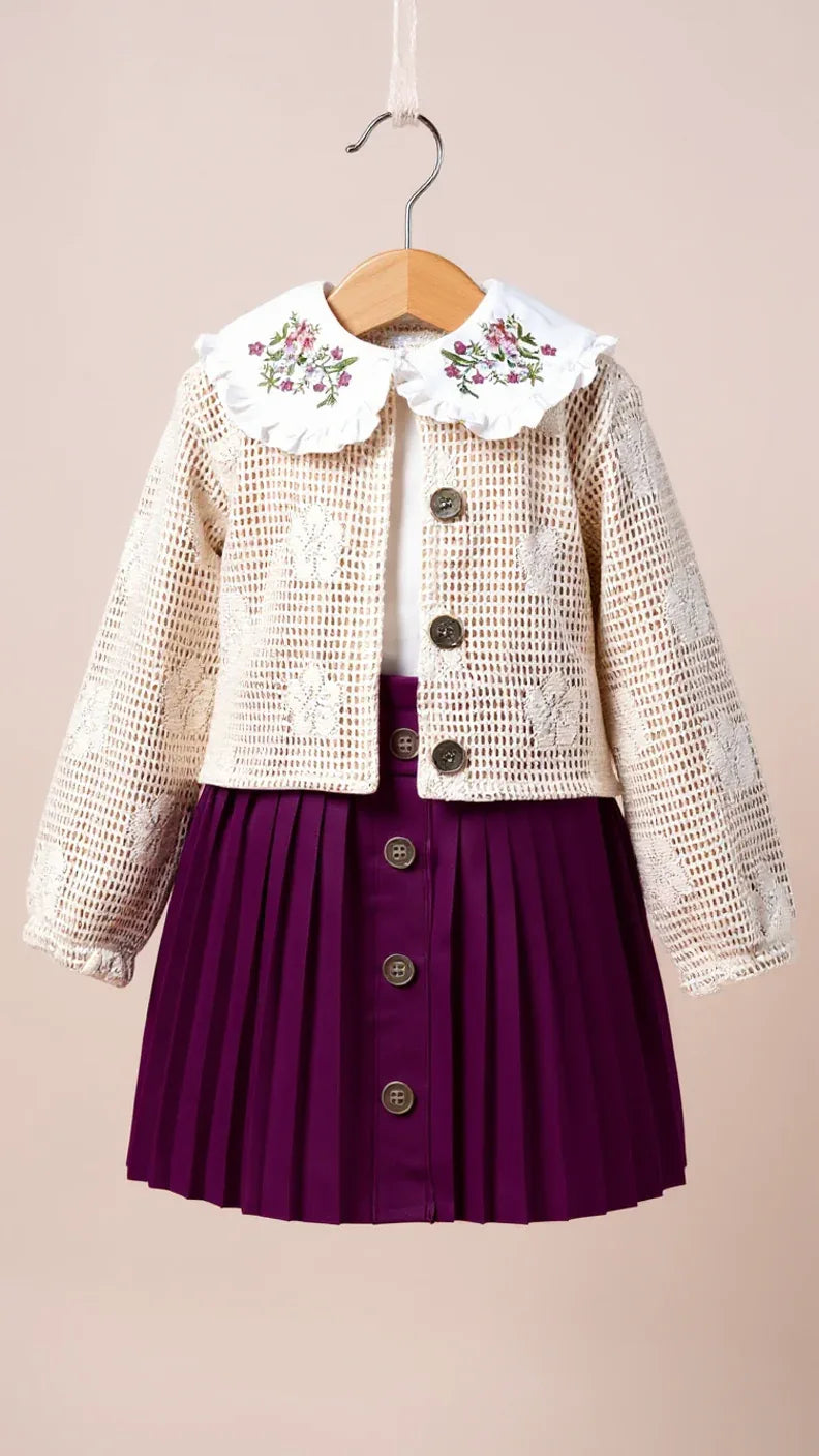 Tenue Élégante 3 Pièces pour Fille - Jupe Chic, Blouse Blanche et Veste Tricotée