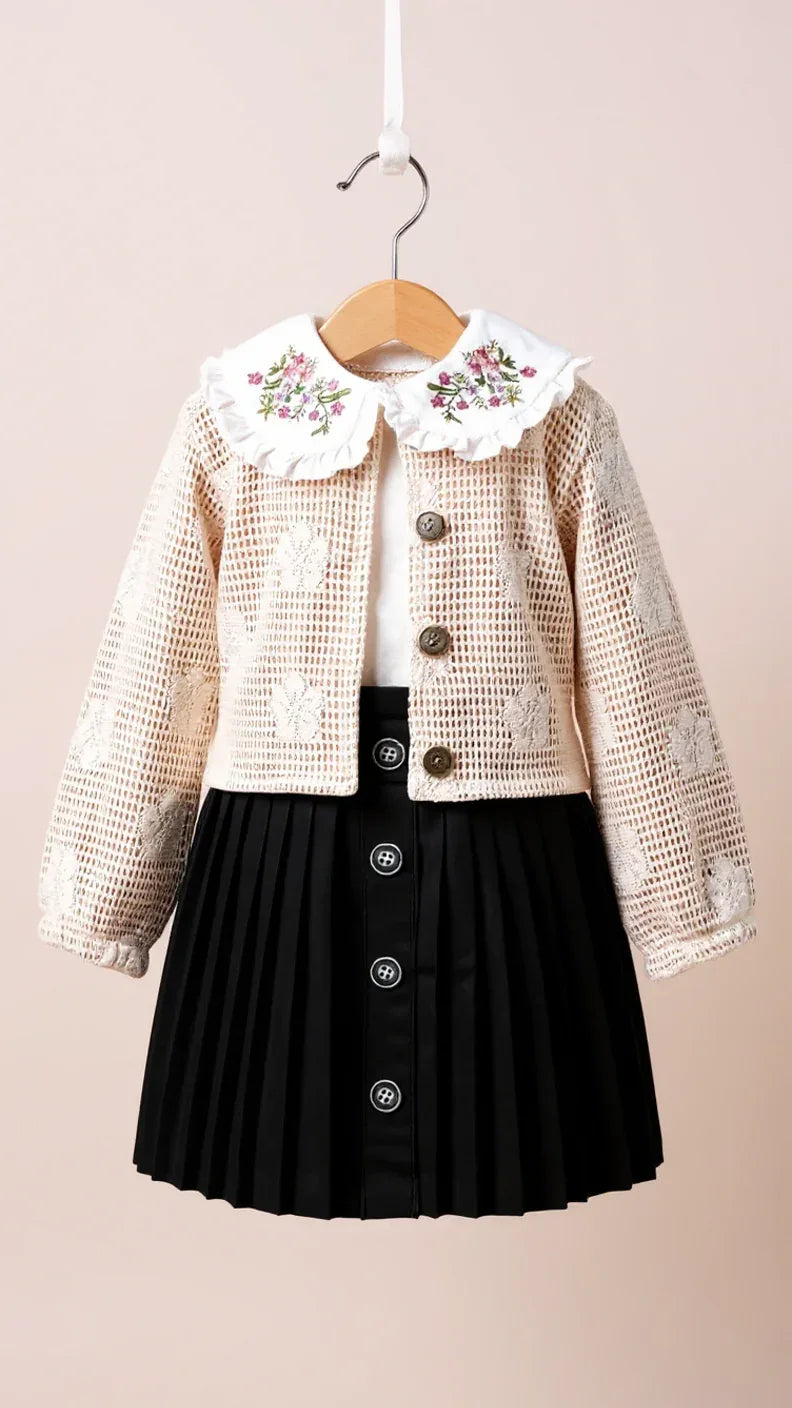 Tenue Élégante 3 Pièces pour Fille - Jupe Chic, Blouse Blanche et Veste Tricotée