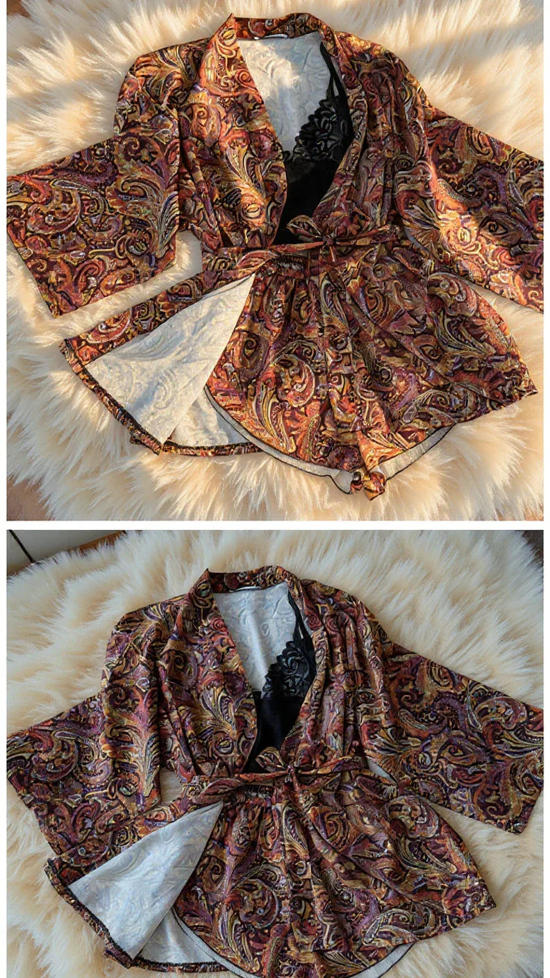 pyjama 317 -Ensemble pyjama satin 3 pièces femme motif cachemire - Justyol