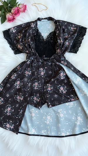 Pajama set 316 -Floral Satin & Lace 3-Piece Nightwear Set – Robe, Bralette & short Erotica