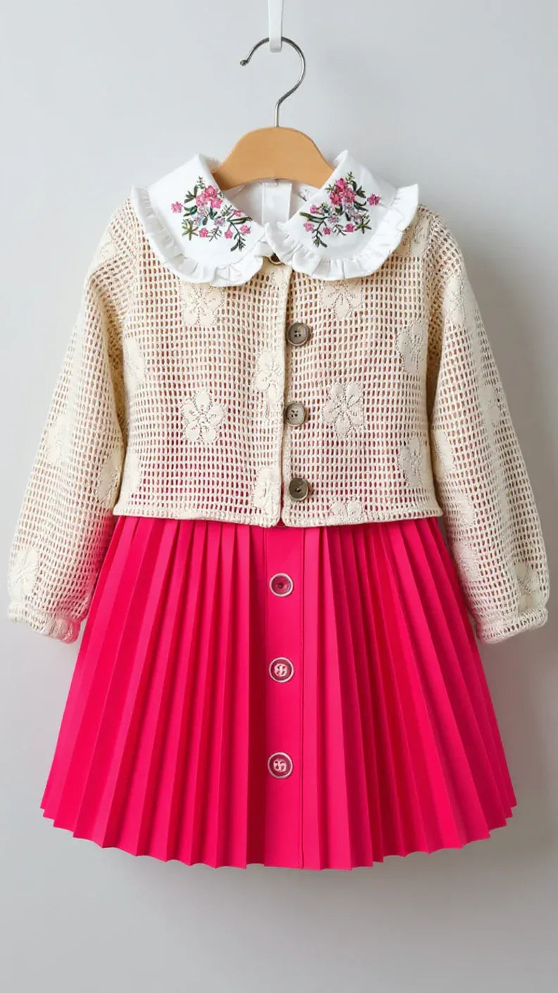 Tenue Élégante 3 Pièces pour Fille - Jupe Chic, Blouse Blanche et Veste Tricotée