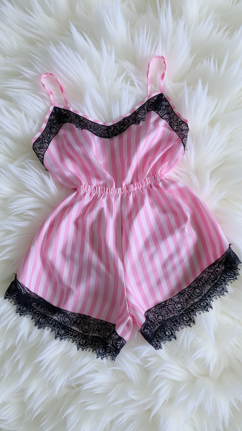 Nightsuit 155 -Striped Satin Nightwear Set with Elegant Lace Detail Erotica