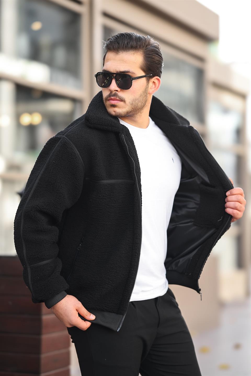 İçi Astarlı Şerit Detaylı Peluş Mont - Justyol