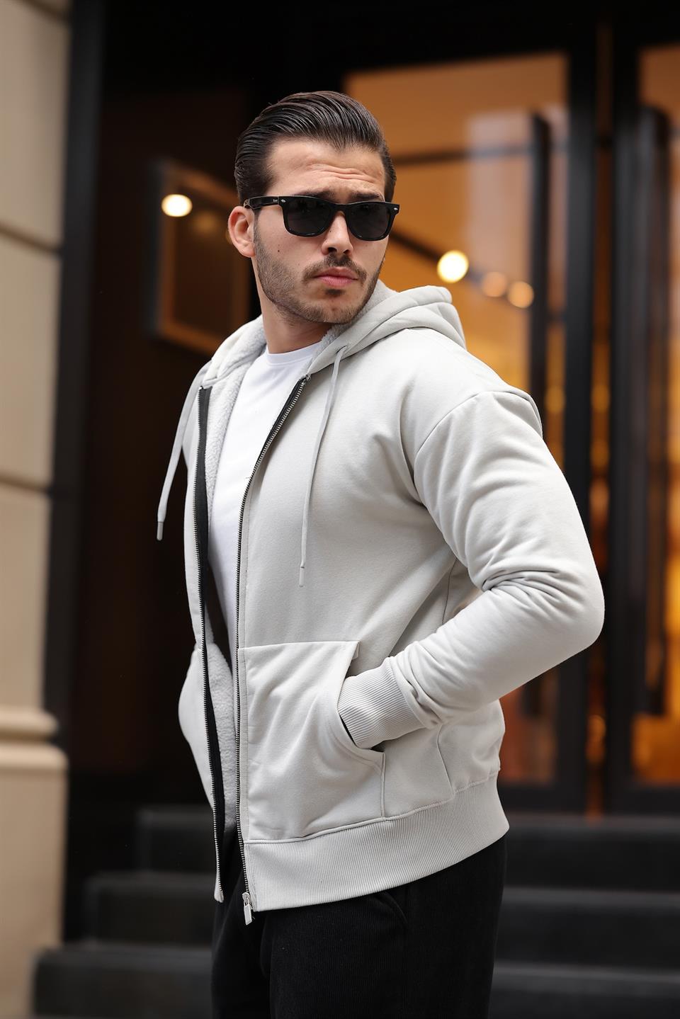 İçi Peluş 3 İplik Kumaş Oversize Fermuarlu Kapüşonlu Sweatshirt - Justyol