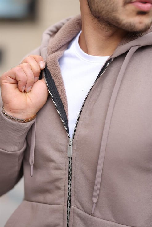İçi Peluş 3 İplik Kumaş Oversize Fermuarlu Kapüşonlu Sweatshirt - Justyol