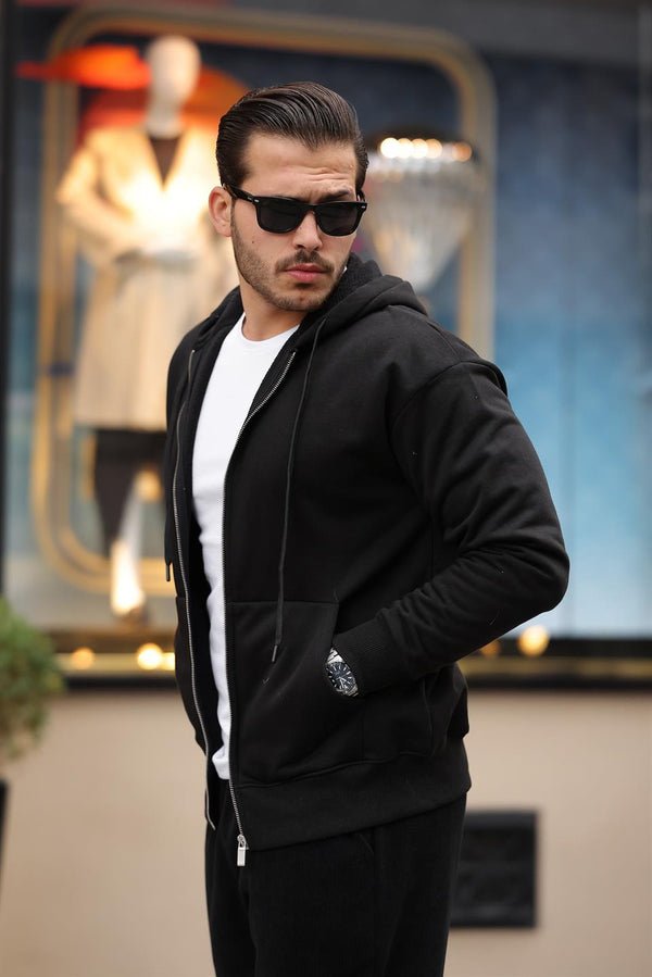 İçi Peluş 3 İplik Kumaş Oversize Fermuarlu Kapüşonlu Sweatshirt - Justyol