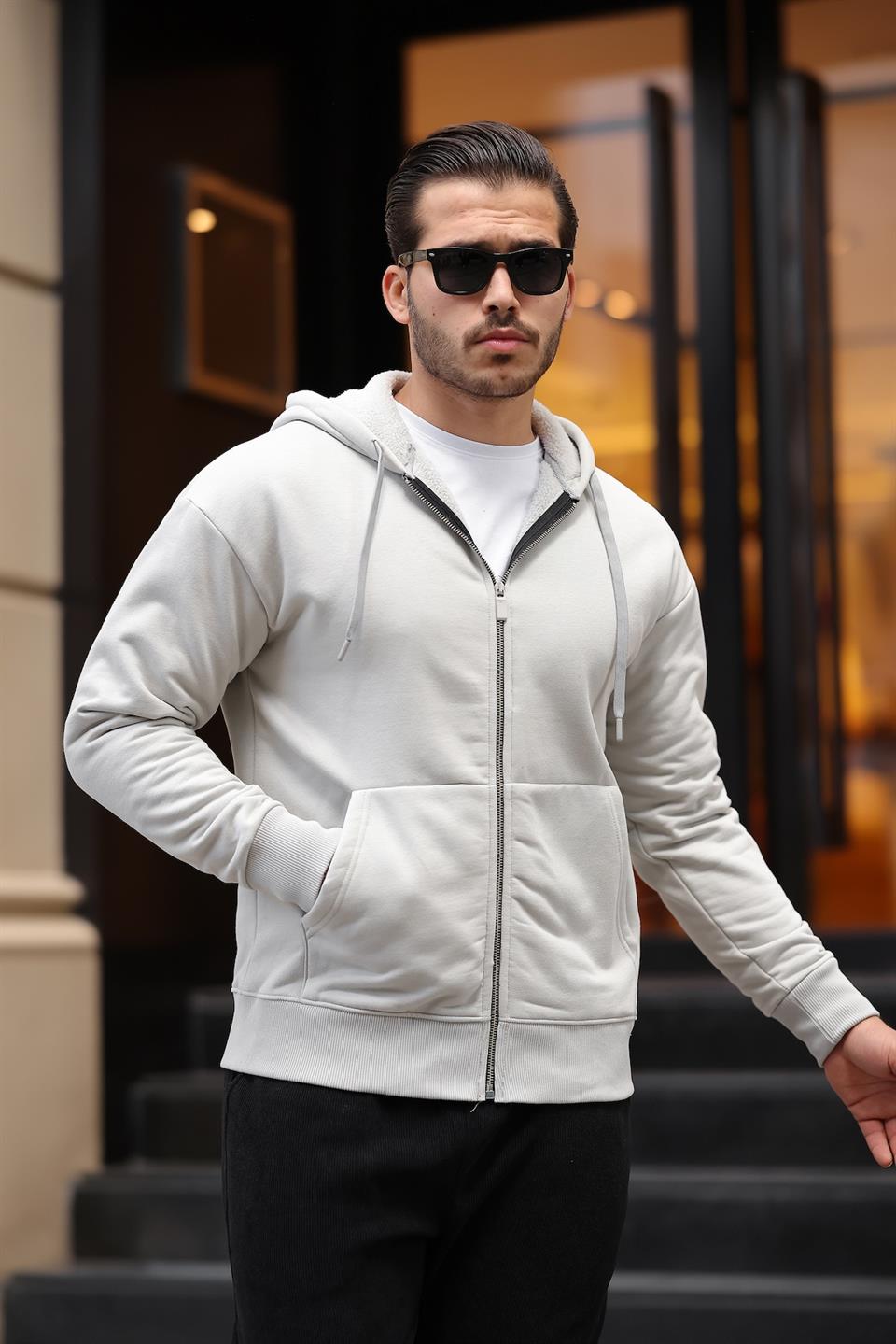 İçi Peluş 3 İplik Kumaş Oversize Fermuarlu Kapüşonlu Sweatshirt - Justyol