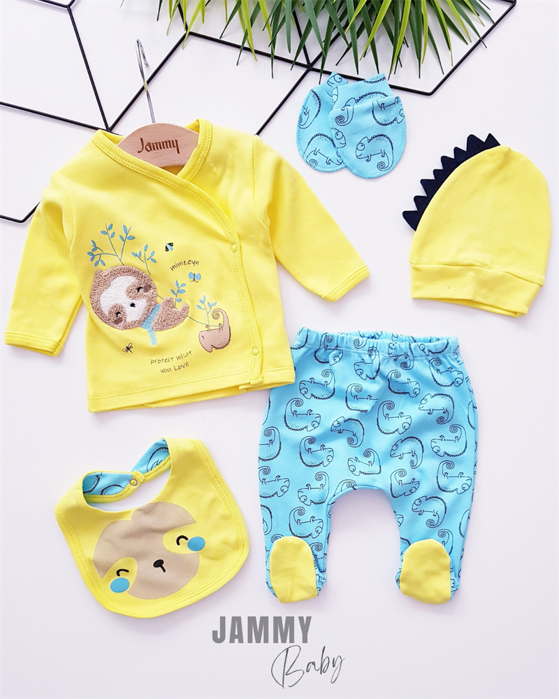 iguana 5 piece newborn set-mustard/green