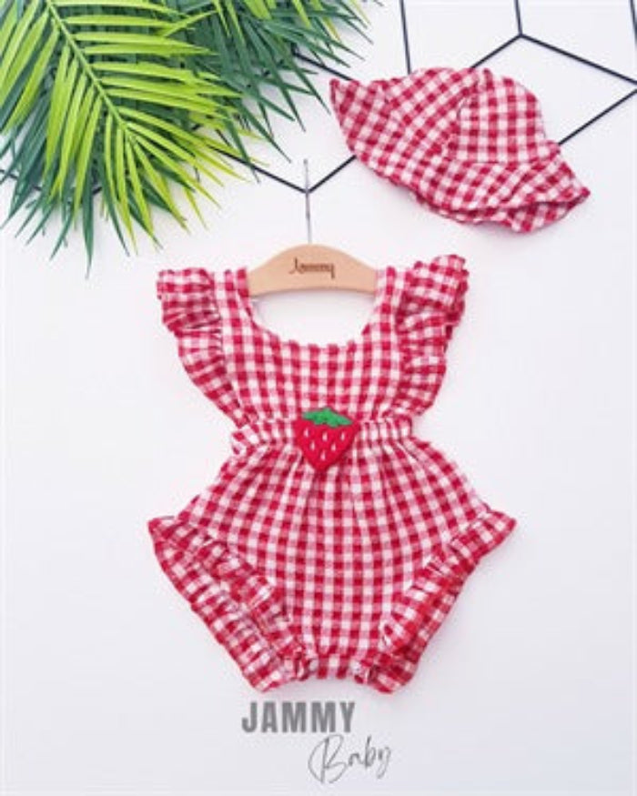 <tc>Ensemble romper à carreaux avec chapeau en forme de fraise - ROUGE</tc>