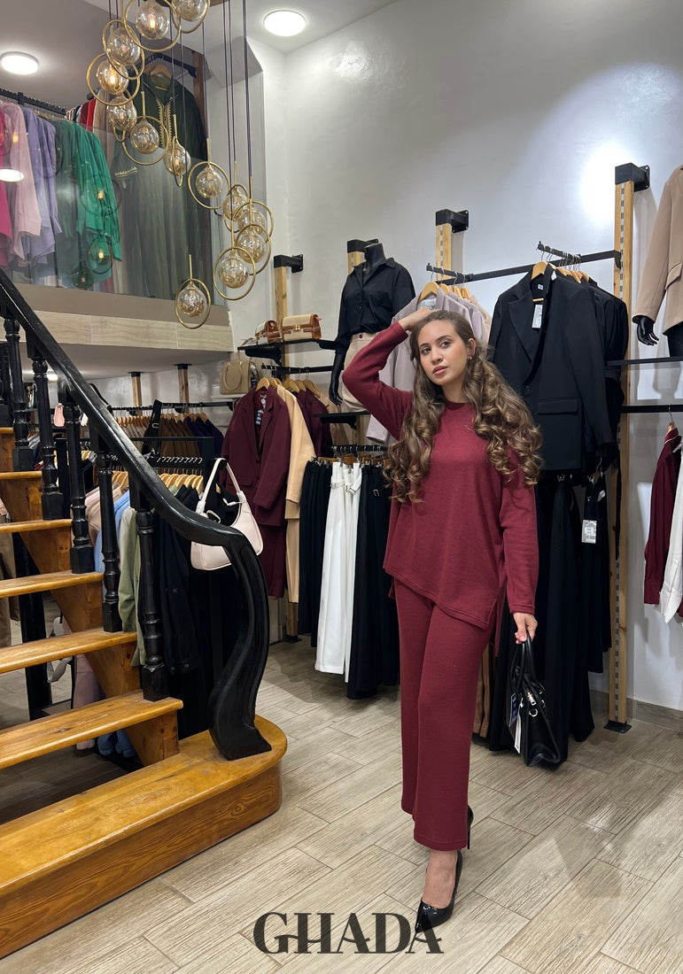 Ensemble en maille avec pantalon en Bordeaux