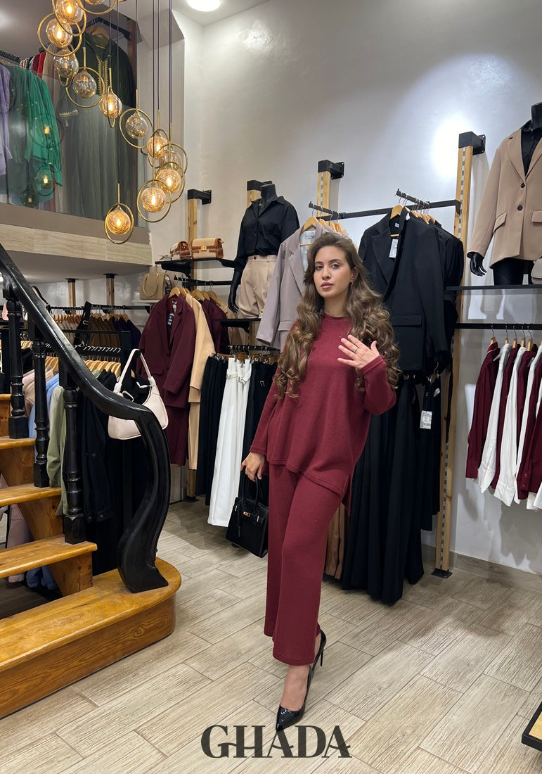 Ensemble en maille avec pantalon en Bordeaux
