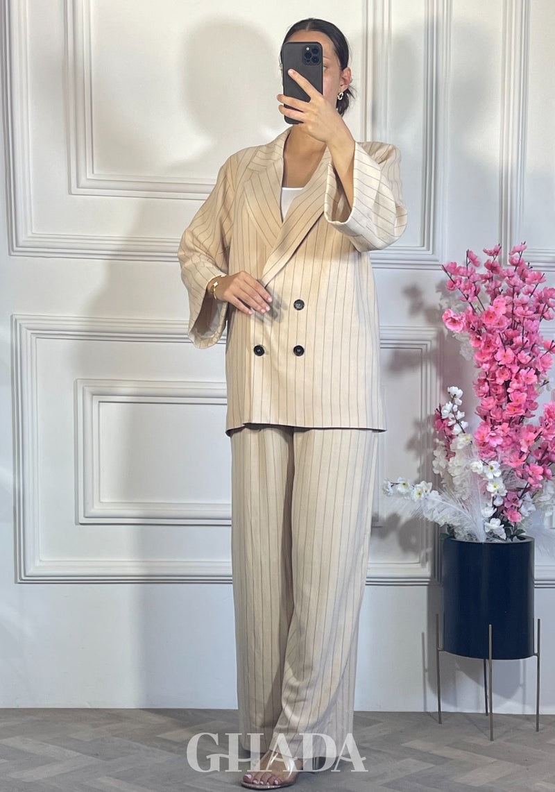 ENSEMBLE TAILLEUR A RAYURES - BEIGE FONCE