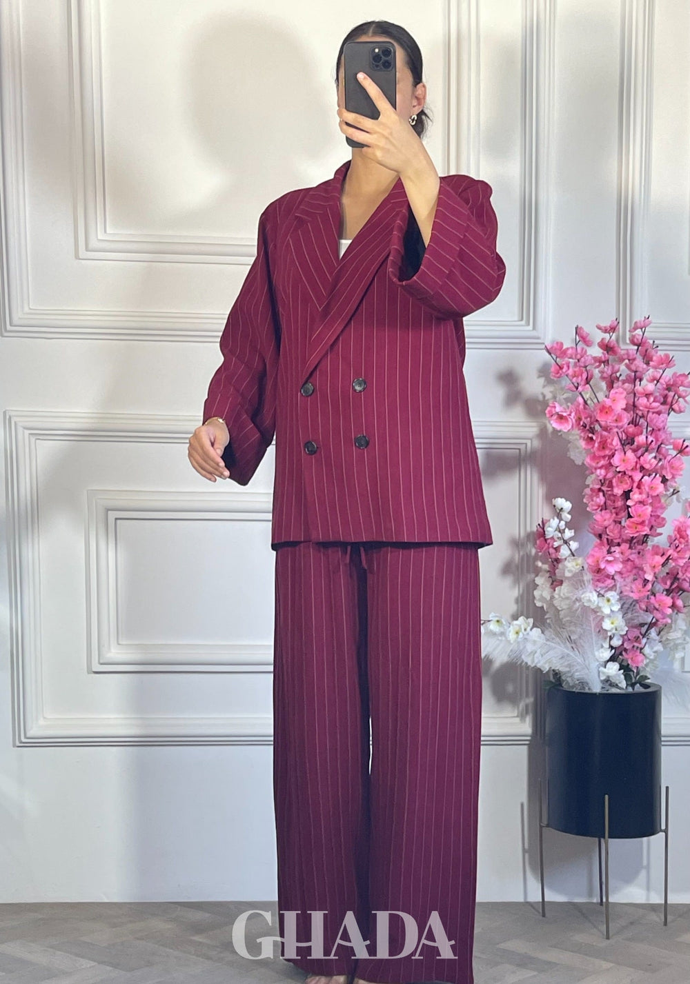 ENSEMBLE TAILLEUR A RAYURES - BORDEAU