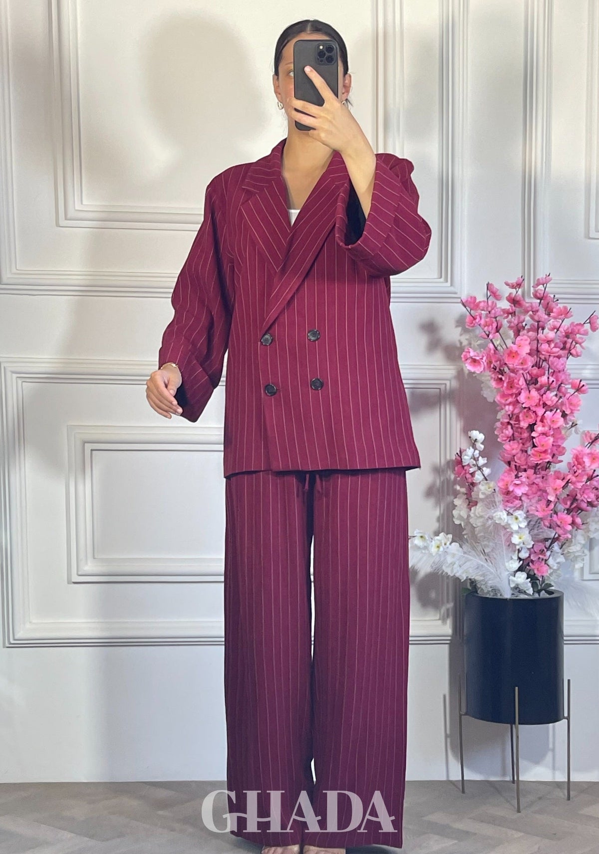 ENSEMBLE TAILLEUR A RAYURES - BORDEAU vue de dos - ensemble femme - GHADA FASHION