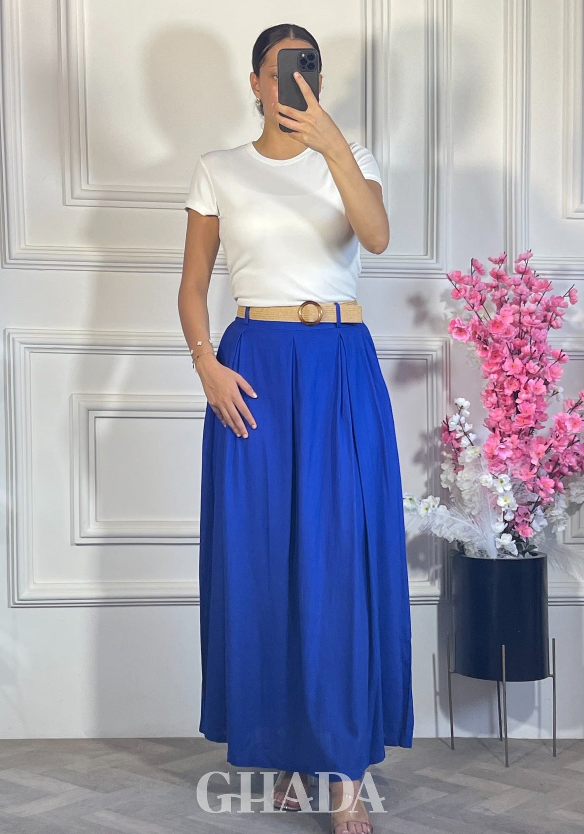 JUPE EN LIN - BLEU ROI détail broderie - jupe femme - GHADA FASHION