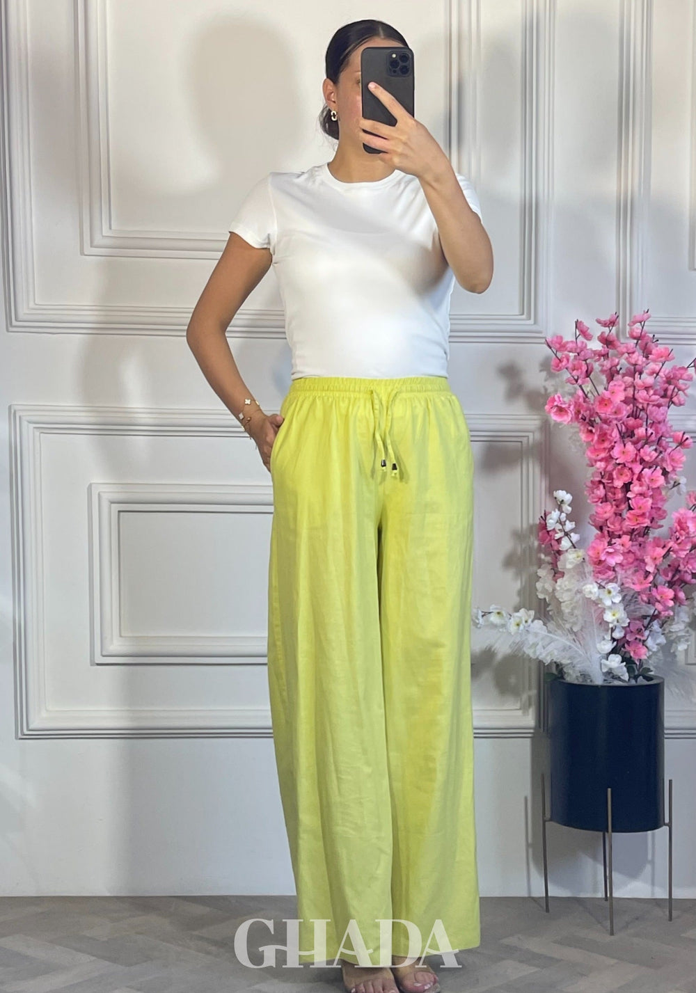 PANTALON LARGE EN LIN - VERT NEON