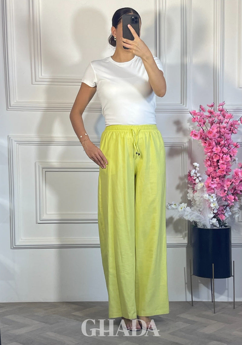 PANTALON LARGE EN LIN - VERT NEON
