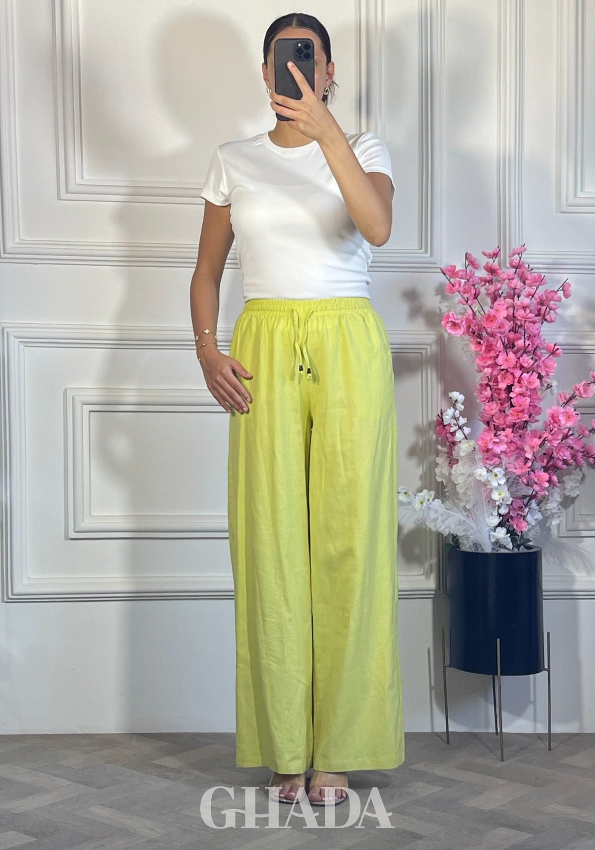 PANTALON LARGE EN LIN - VERT NEON détail broderie - jupe femme - GHADA FASHION