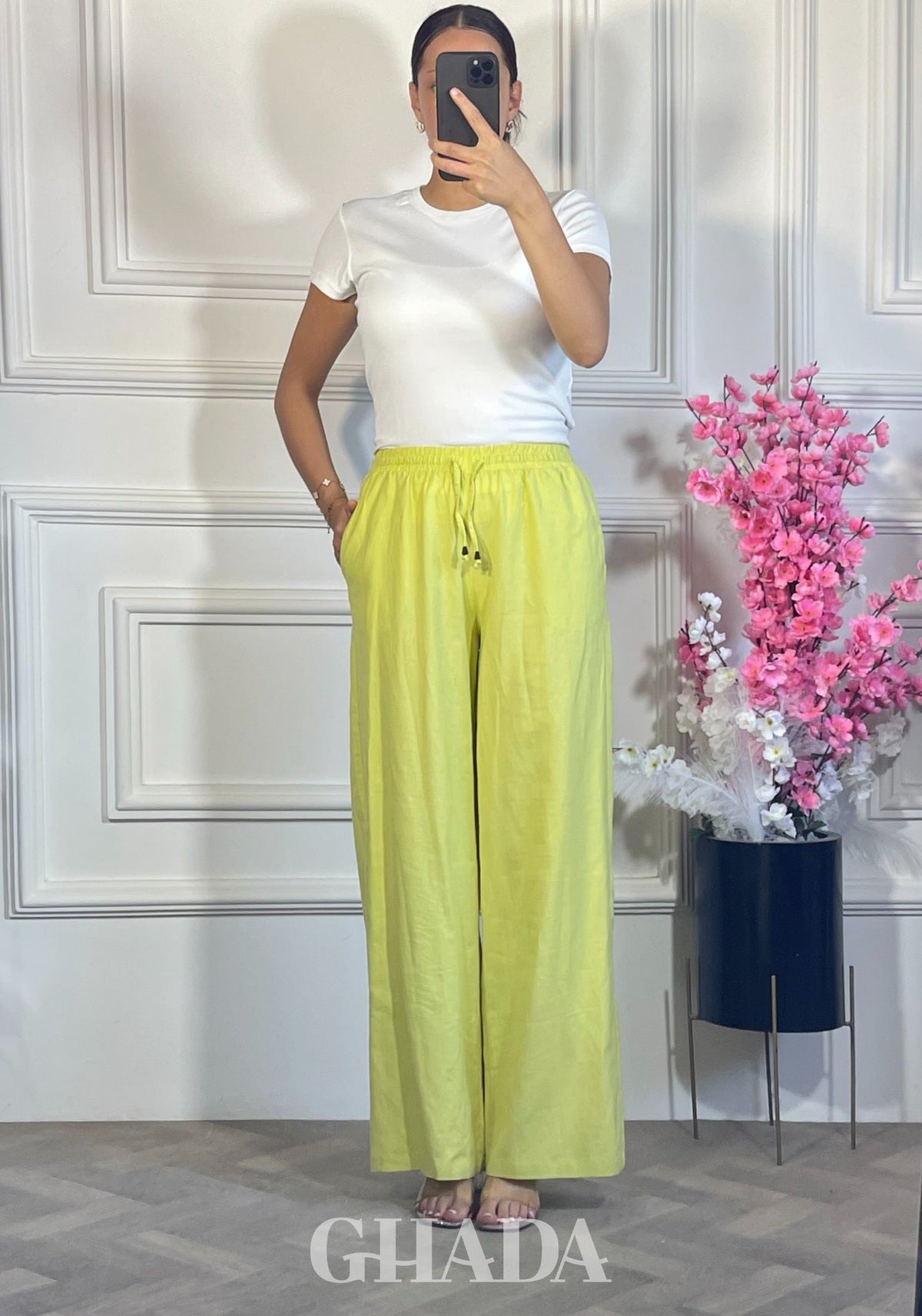 PANTALON LARGE EN LIN - VERT NEON vue complète - jupe femme - GHADA FASHION
