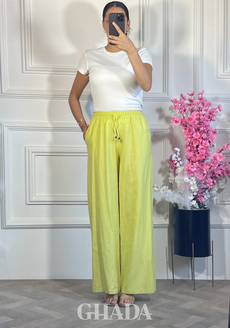 PANTALON LARGE EN LIN - VERT NEON