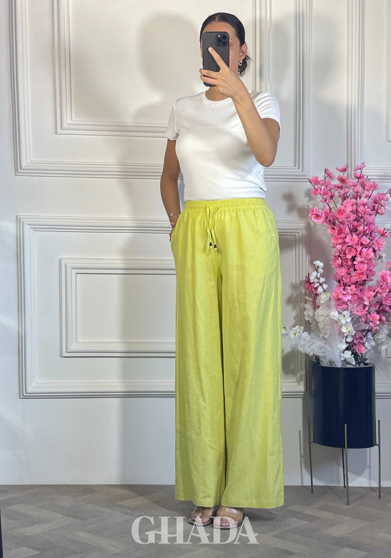 PANTALON LARGE EN LIN - VERT NEON