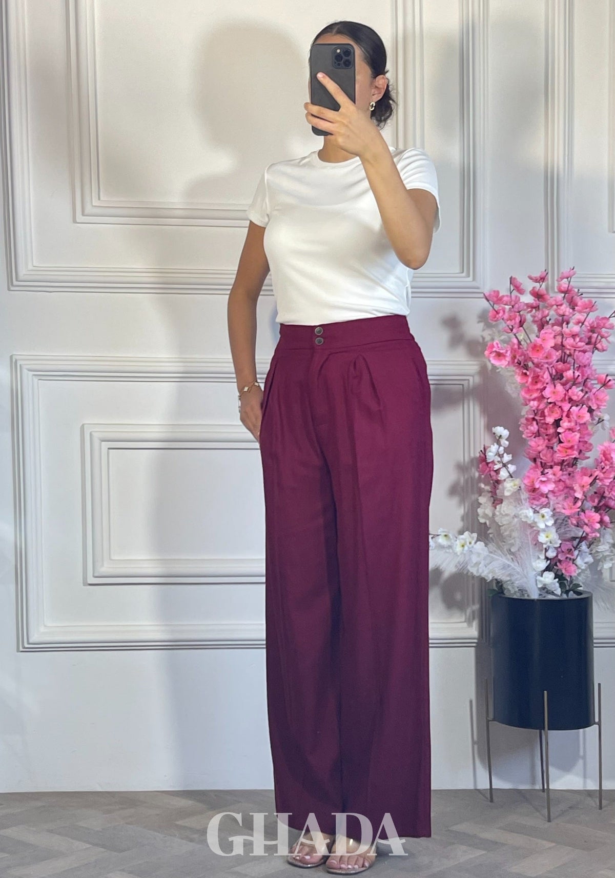 PANTALON LARGE EN LIN - BORDEAU vue de face - jupe femme - GHADA FASHION