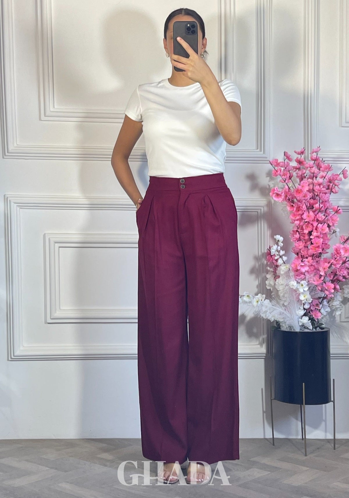 PANTALON LARGE EN LIN - BORDEAU détail broderie - jupe femme - GHADA FASHION