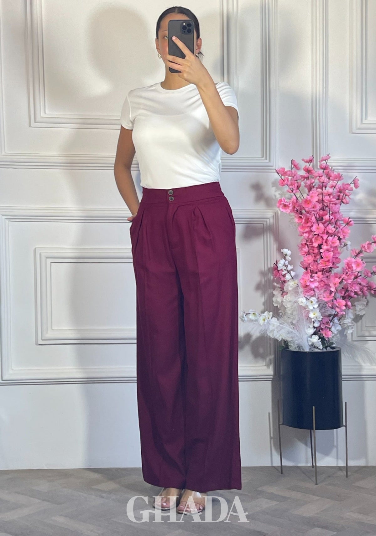 PANTALON LARGE EN LIN - BORDEAU vue complète - jupe femme - GHADA FASHION