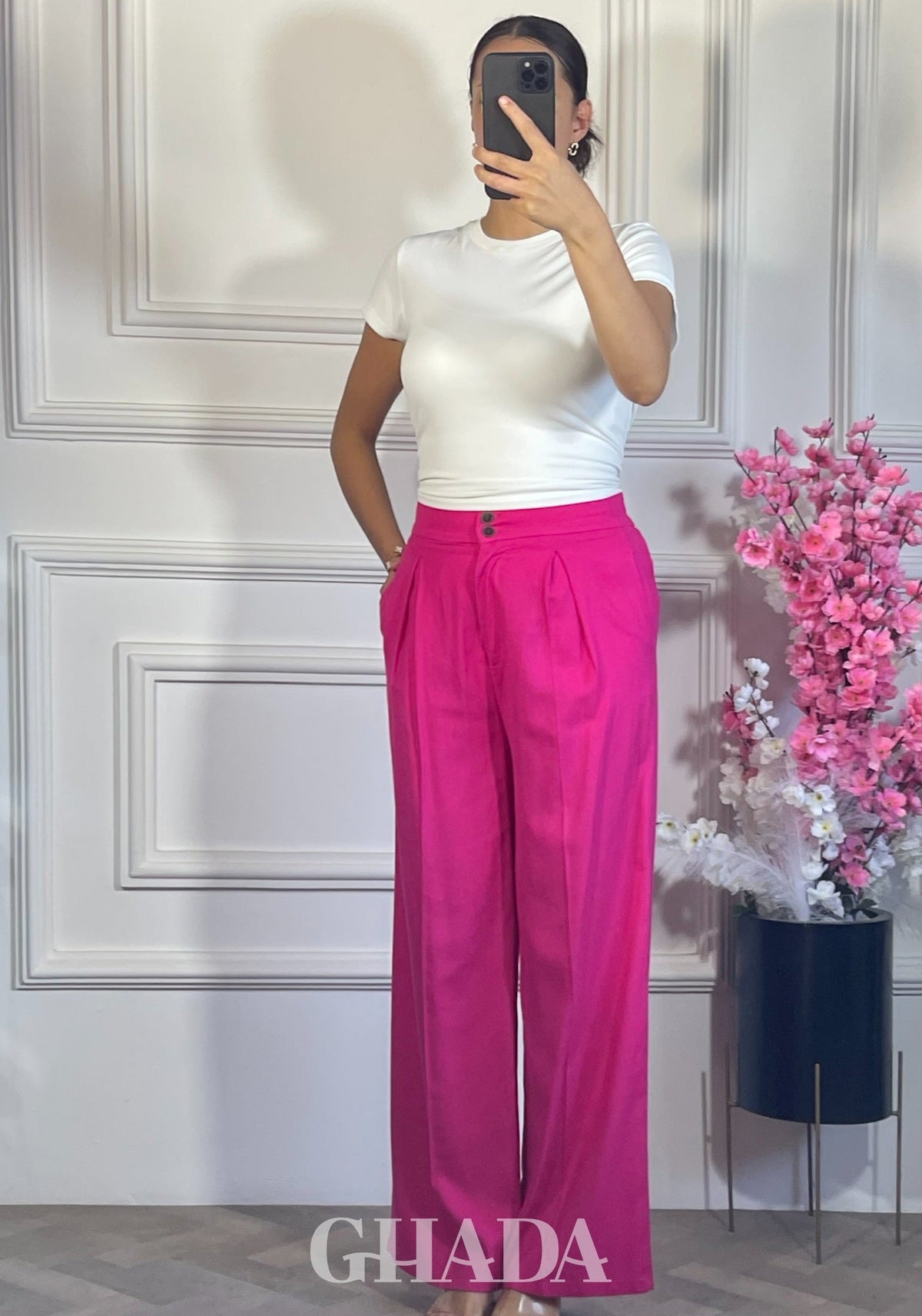 PANTALON LARGE EN LIN - ROSE ROSE FUSHIA détail broderie - jupe femme - GHADA FASHION
