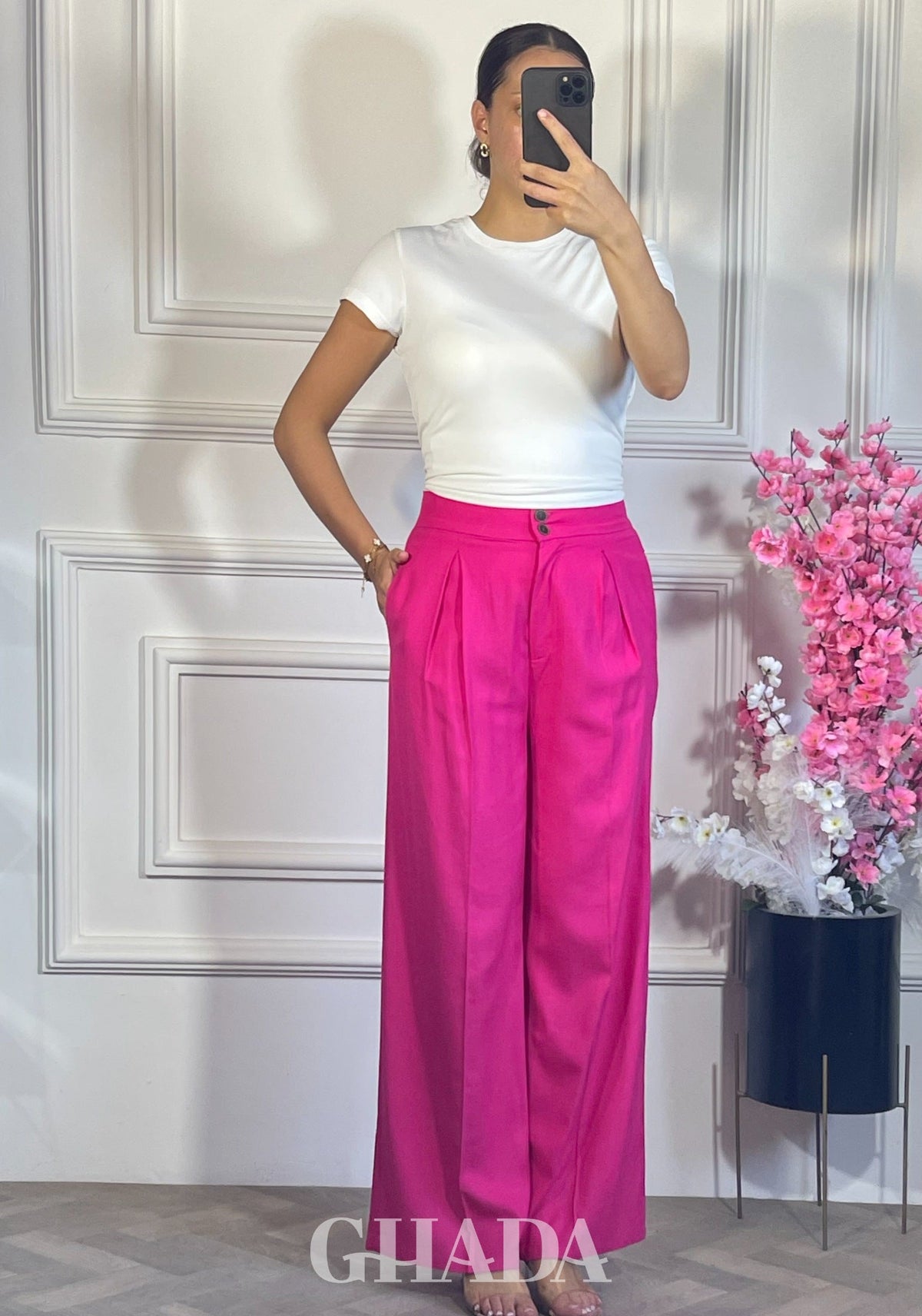 PANTALON LARGE EN LIN - ROSE ROSE FUSHIA zoom matière - jupe femme - GHADA FASHION