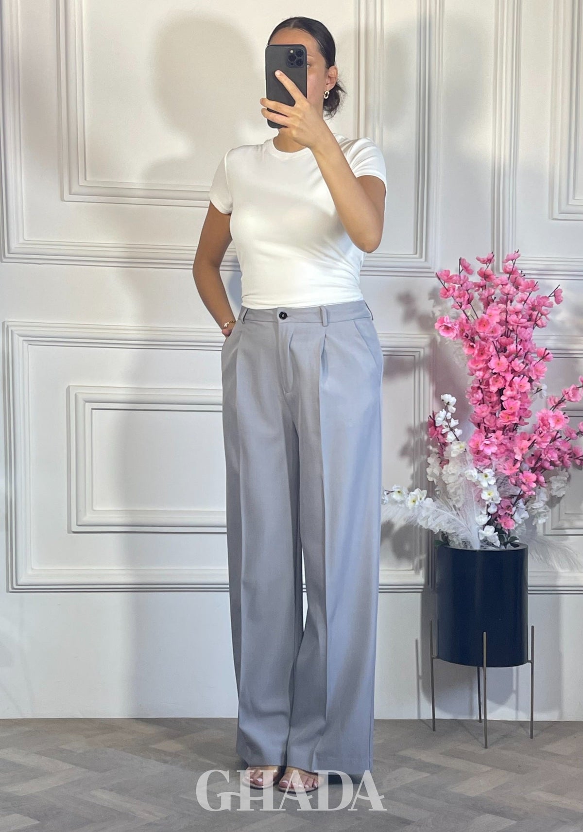 PANTALON COUPE LARGE  - GRIS CLAIR zoom matière - jupe femme - GHADA FASHION