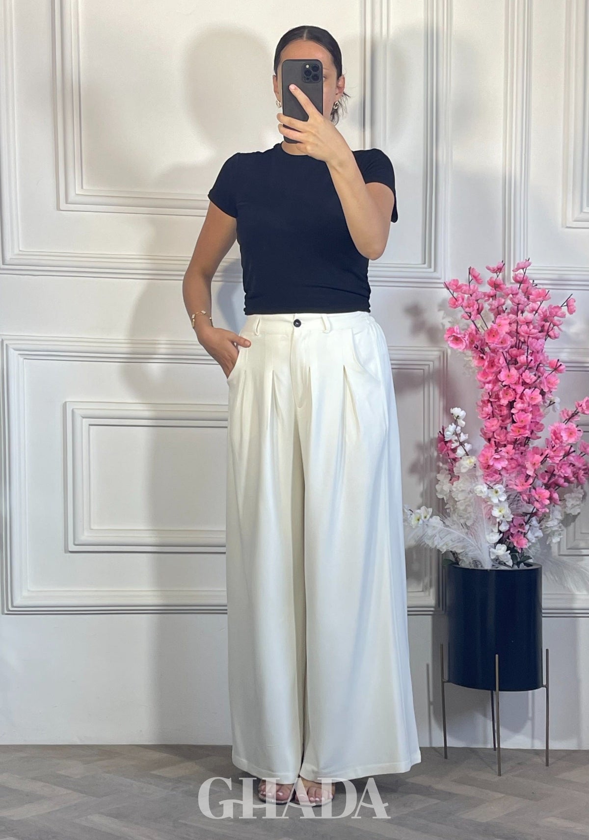 PANTALON COUPE LARGE  - BLANC CASSE vue de dos - jupe femme - GHADA FASHION