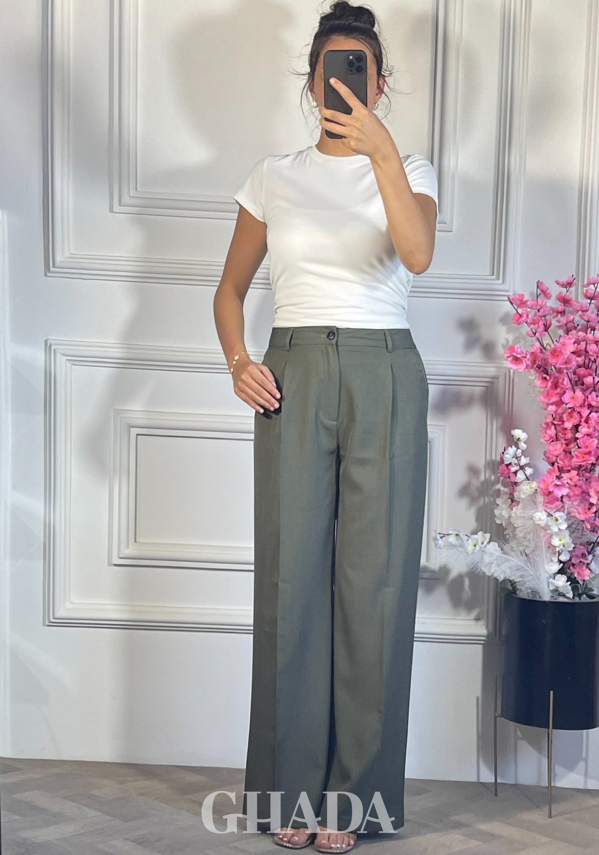 PANTALON COUPE LARGE  - VERT KAKI vue de face - jupe femme - GHADA FASHION